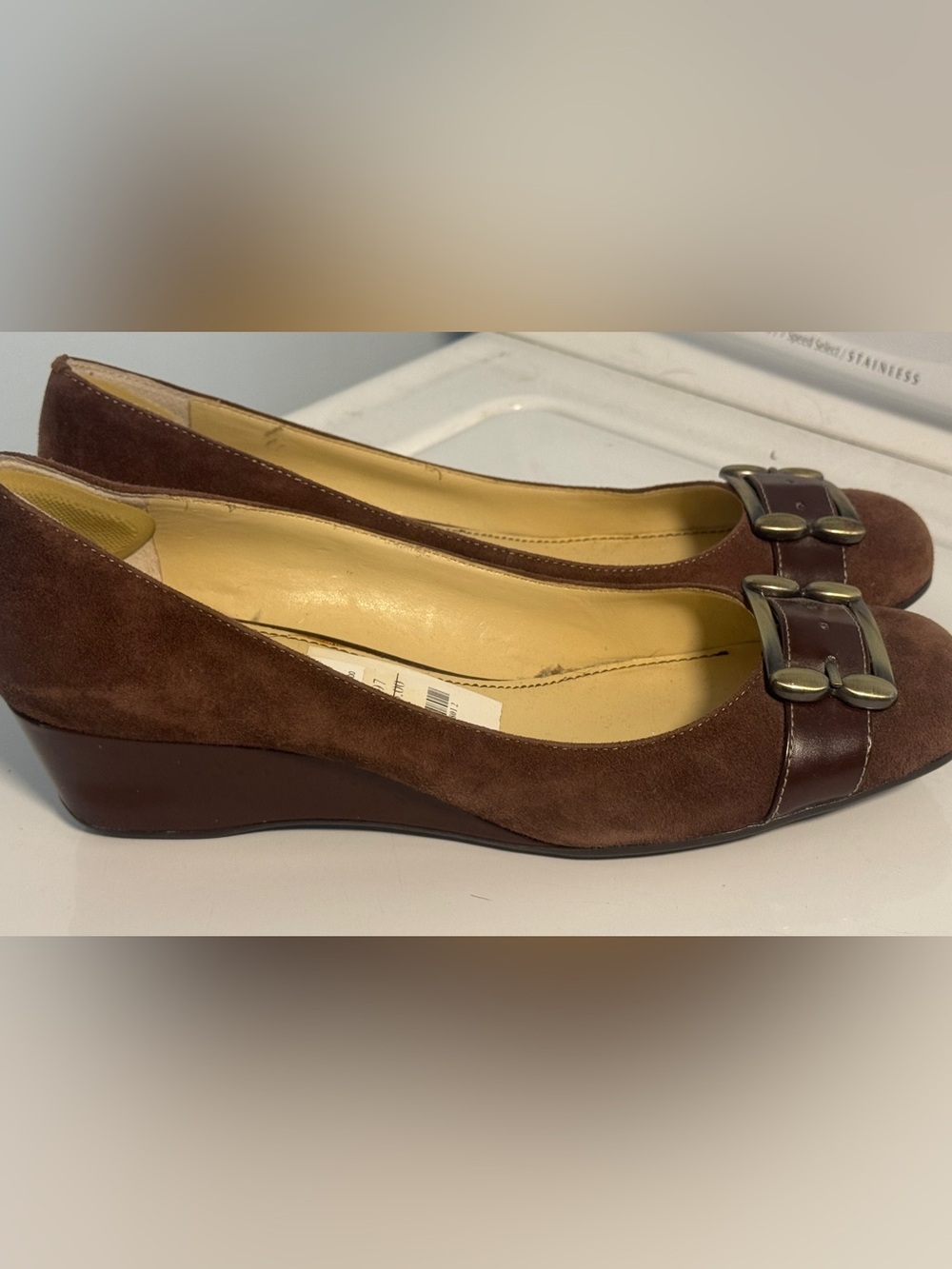 Anne Klein Brown Suede & Leather Wedge Loafers with Buckle - NWOB
